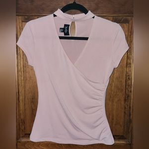 by & by Short sleeve blouse top wrap ruched front choker neckline blush pink Med